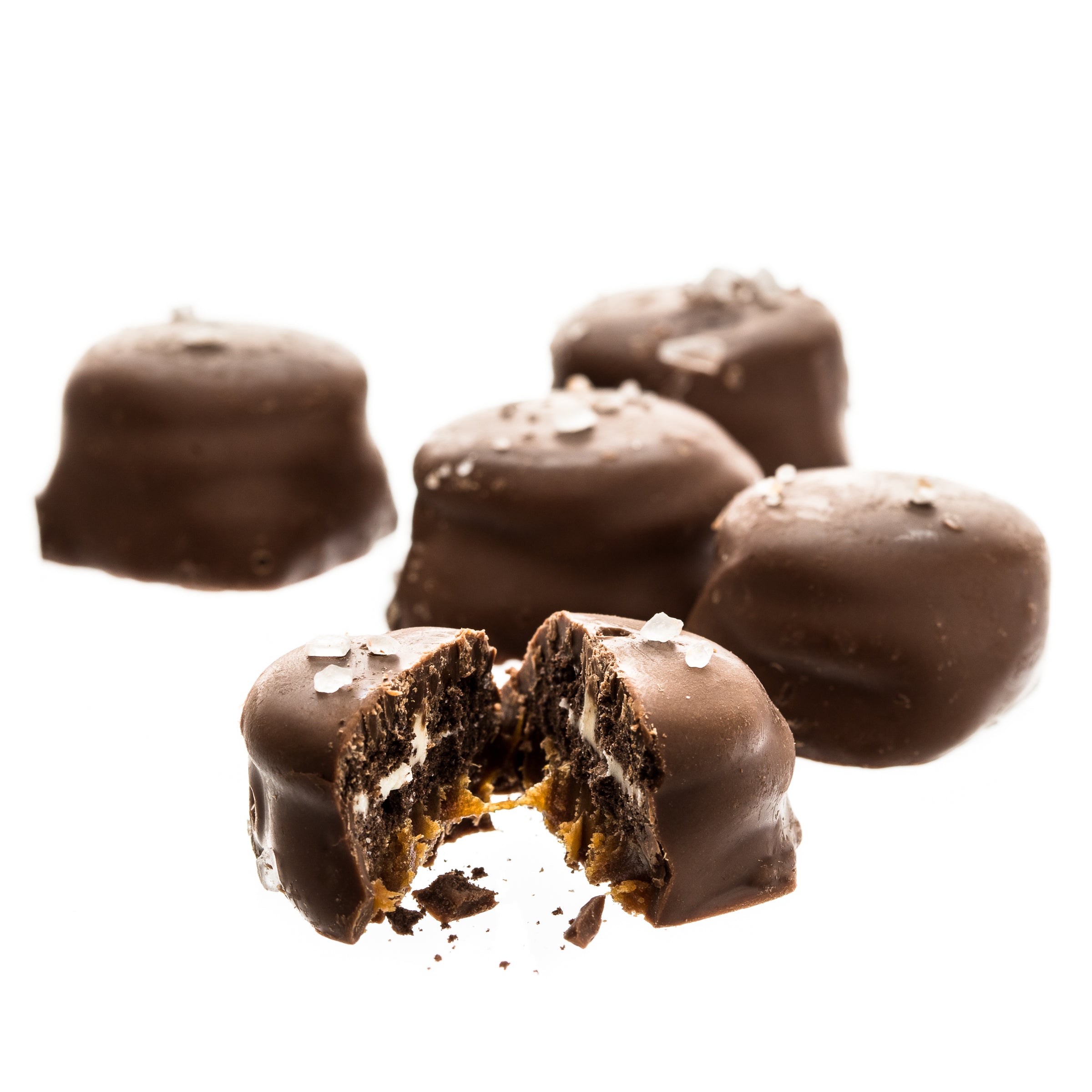 Mini Salt Cookies Milk Chocolate Sea Salt Caramel Mini Sandwich Cookies – Cabot's Candy